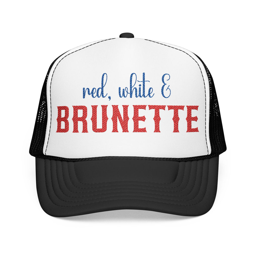 Red white and brunette hat