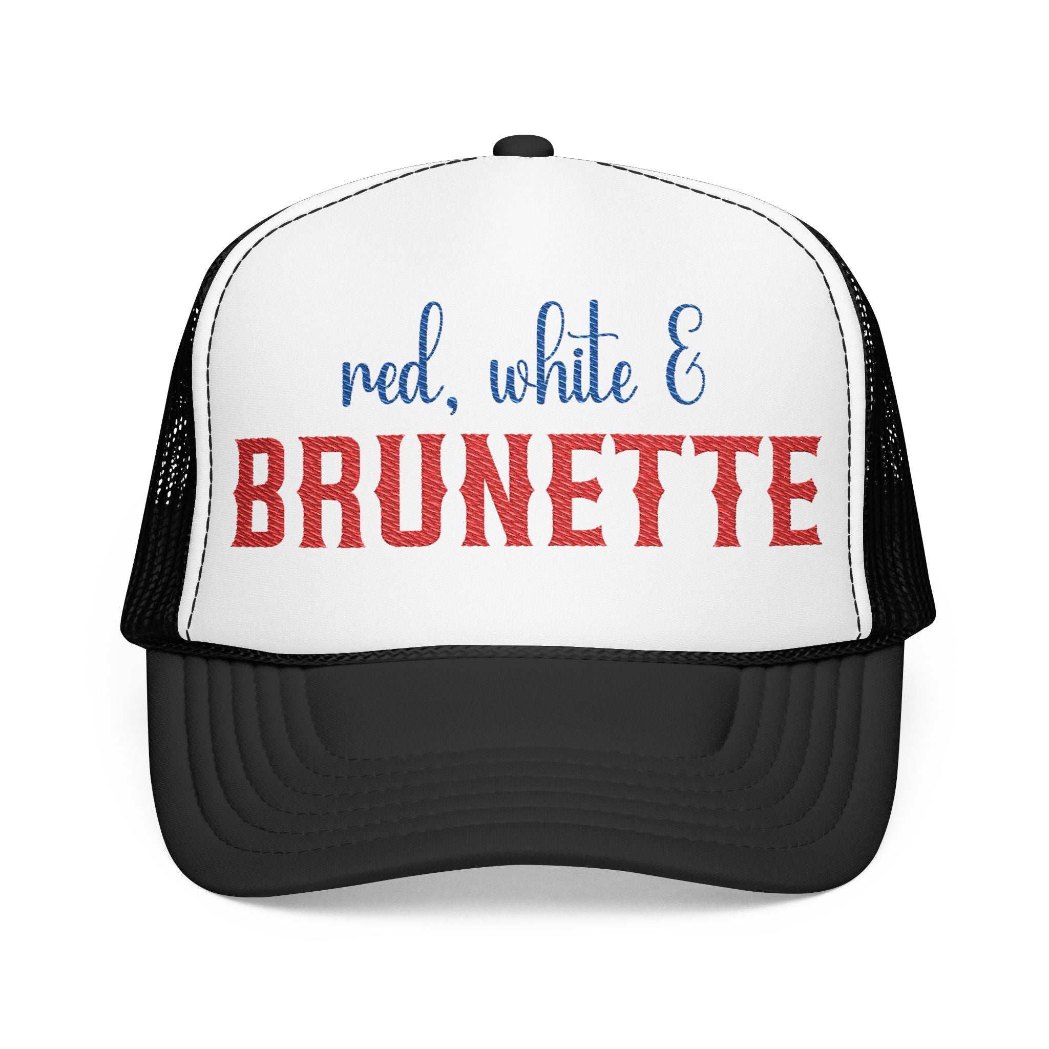 Red white and brunette hat