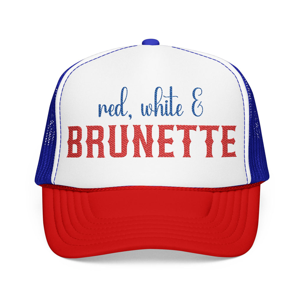 Red white and brunette hat