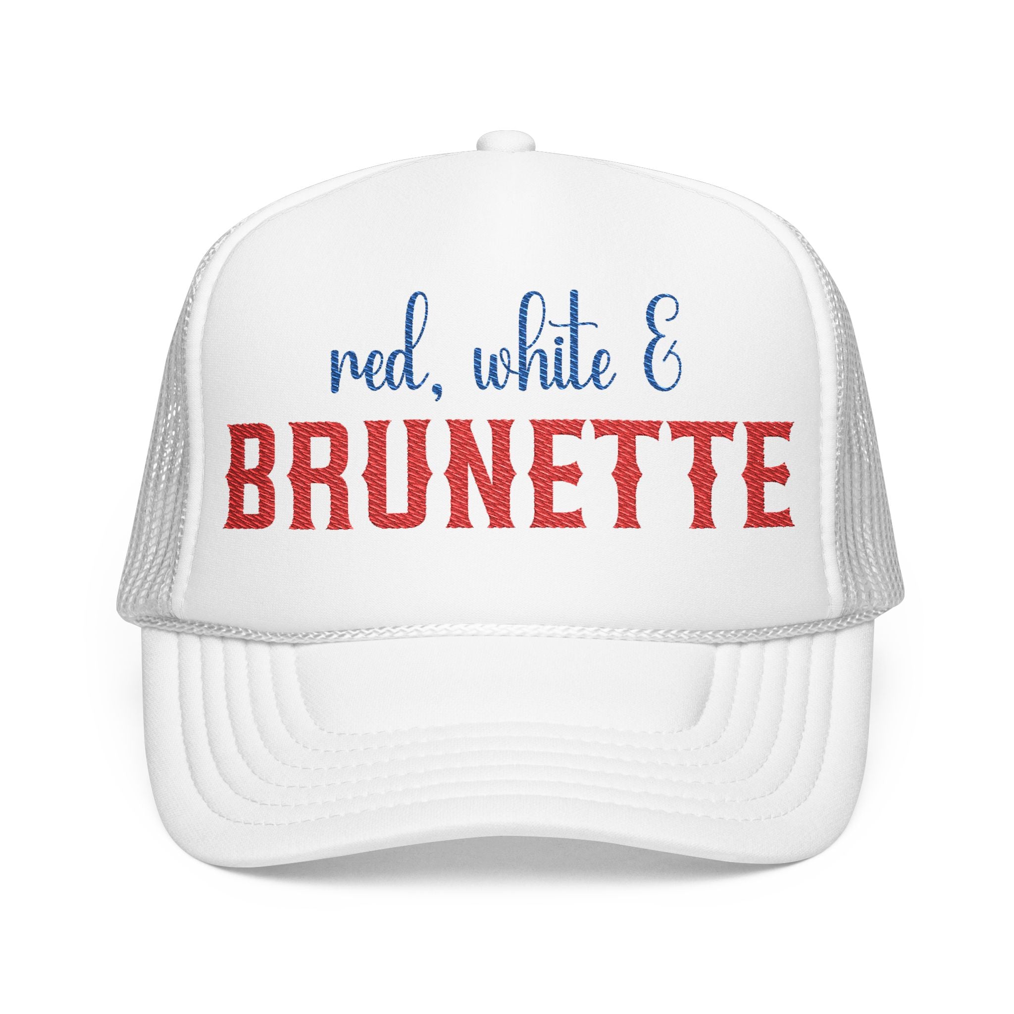 Red white and brunette hat