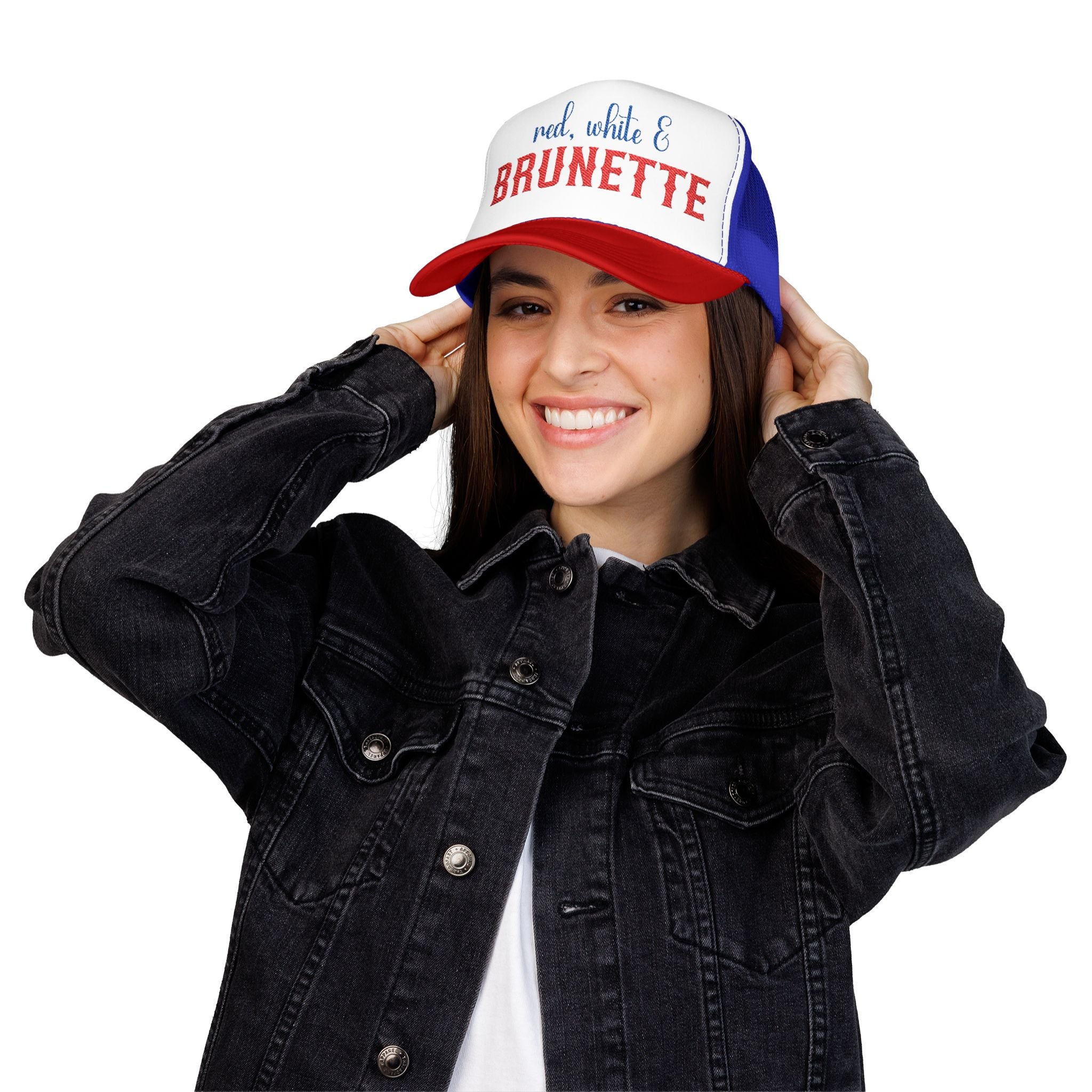 Red white and brunette hat